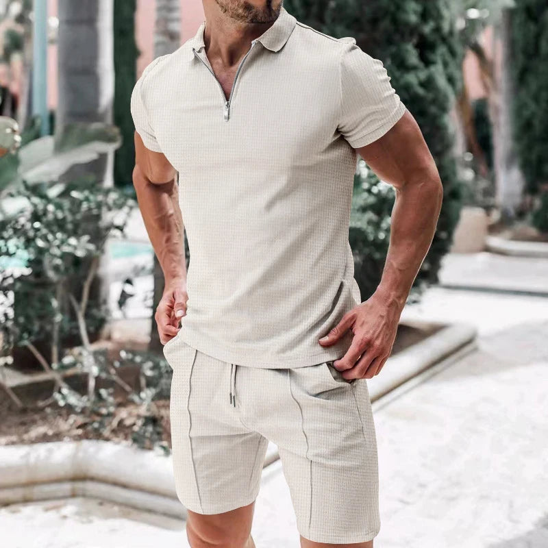 Conjunto Pietro™ em Malha Texturizada Premium com Camisa Gola Polo de Zíper