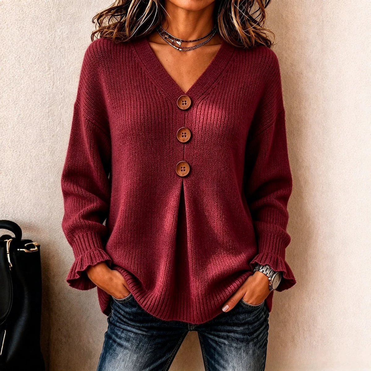 Blusa Vanessa™ com Botões Frontais, Punhos Canelados e Decote V