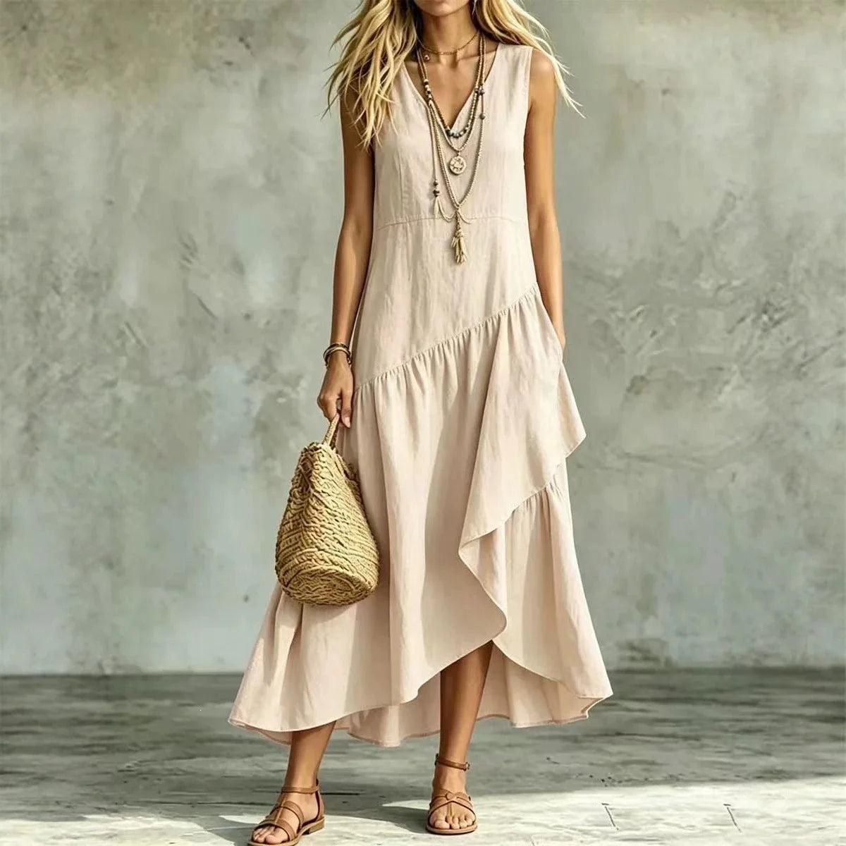 Vestido Liorah™ com Decote em V e Saia Assimétrica em Camadas Fluidas / Movimento Que Encanta Ao Caminhar