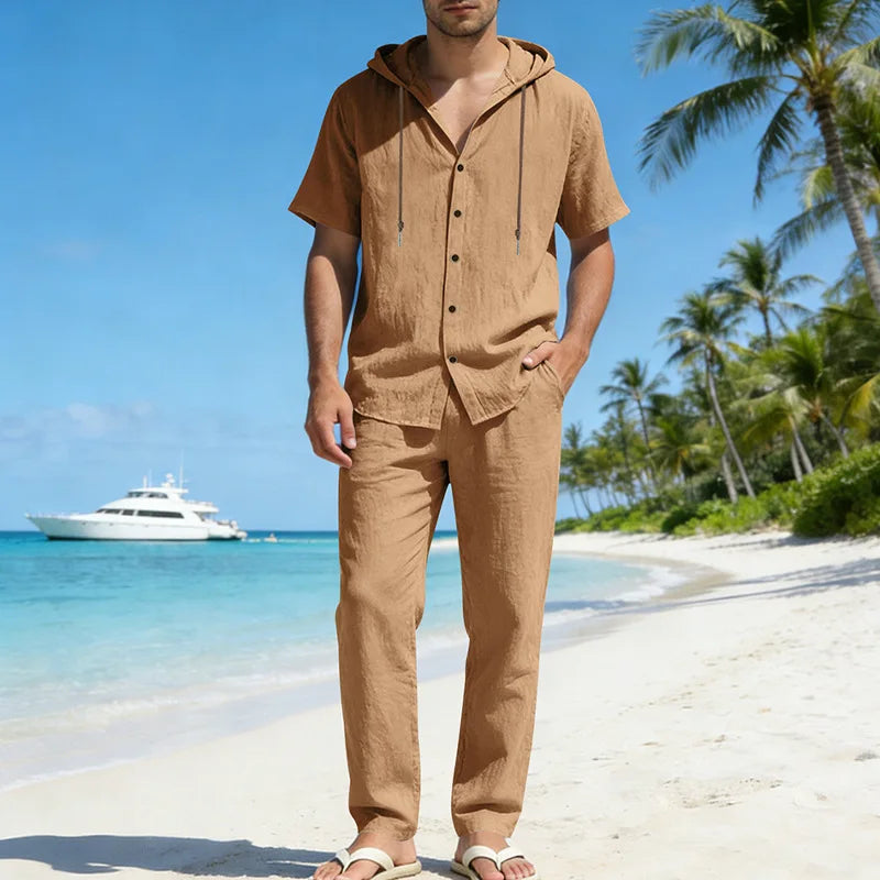 Conjunto Sorrento™ em Linho de Algodão com Camisa de Capuz e Calça Ajustável