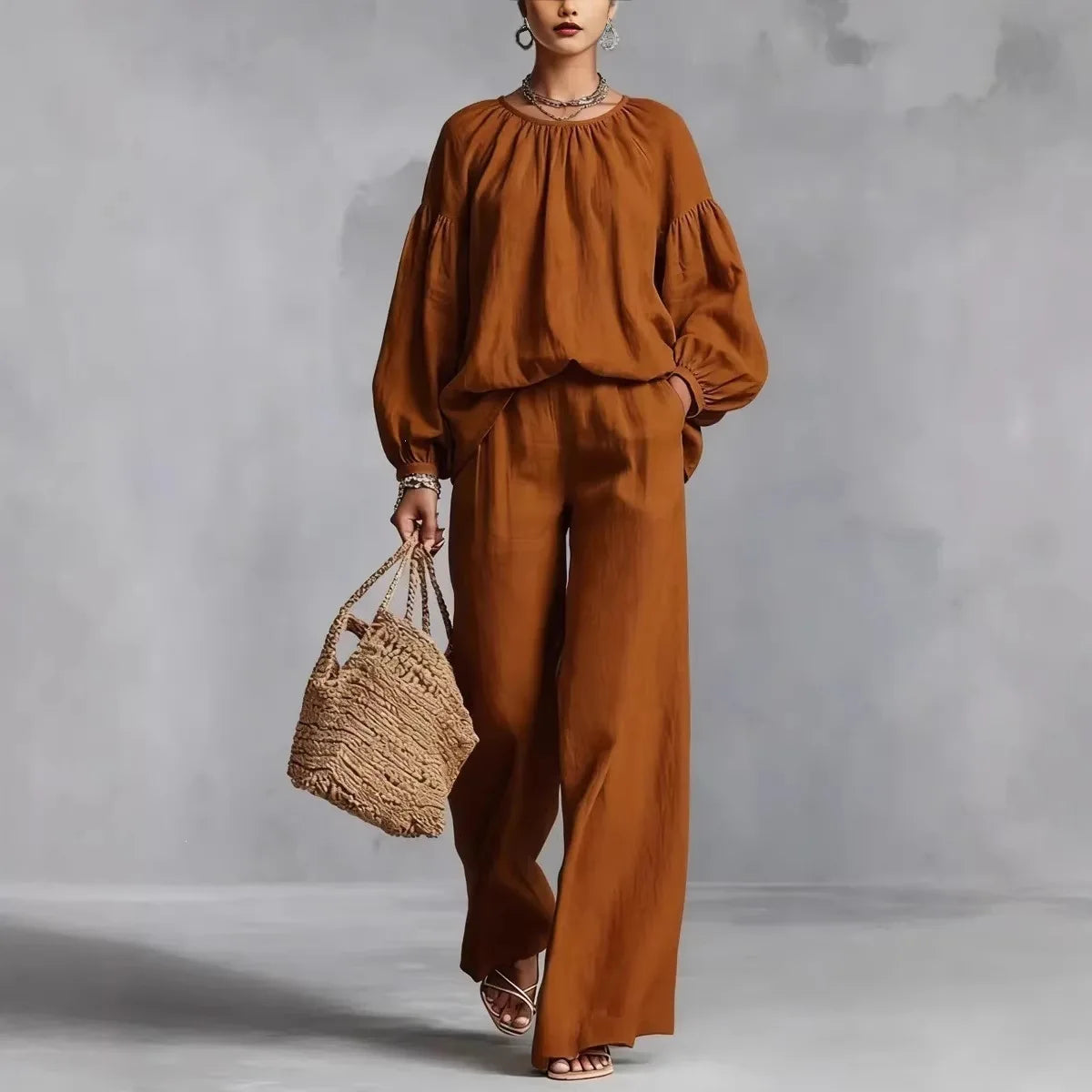Conjunto Valdora™ em Linho de Algodão com Blusa de Mangas Bufantes e Calça Pantalona Ampla / Elegância Descontraída em Uma Silhueta Cheia de Movimento