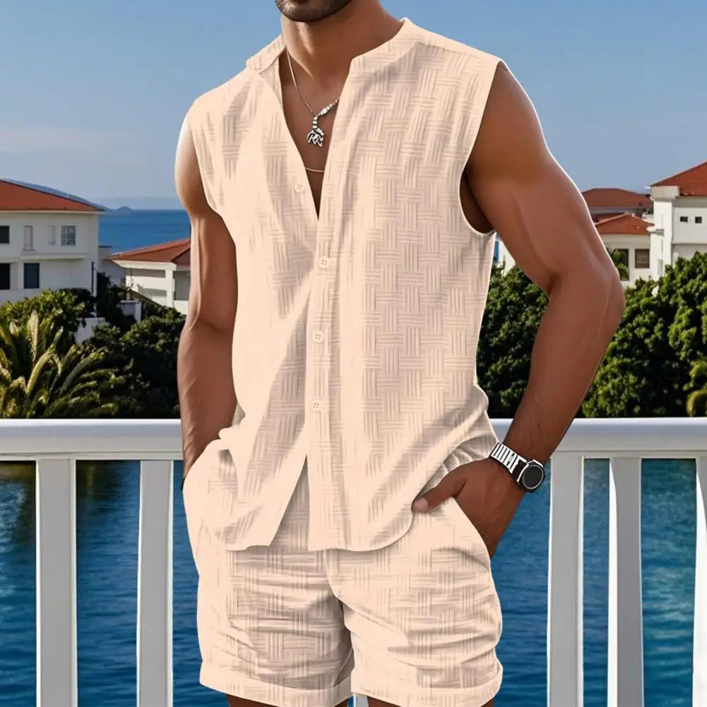 Conjunto Levano™ em Linho de Algodão Com Camisa Sem Mangas E Short De Caimento Leve