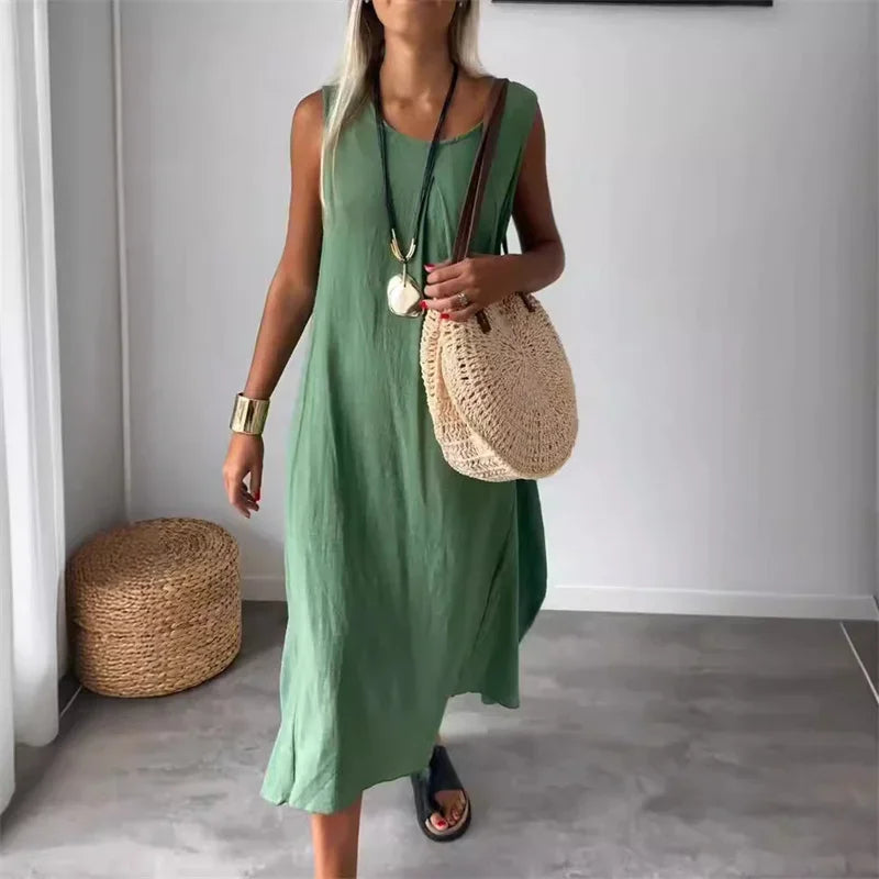 Vestido Malaya™ em Linho de Algodão com Estilo Minimalista / Toque Suave e Caimento Fluido para Máximo Conforto!