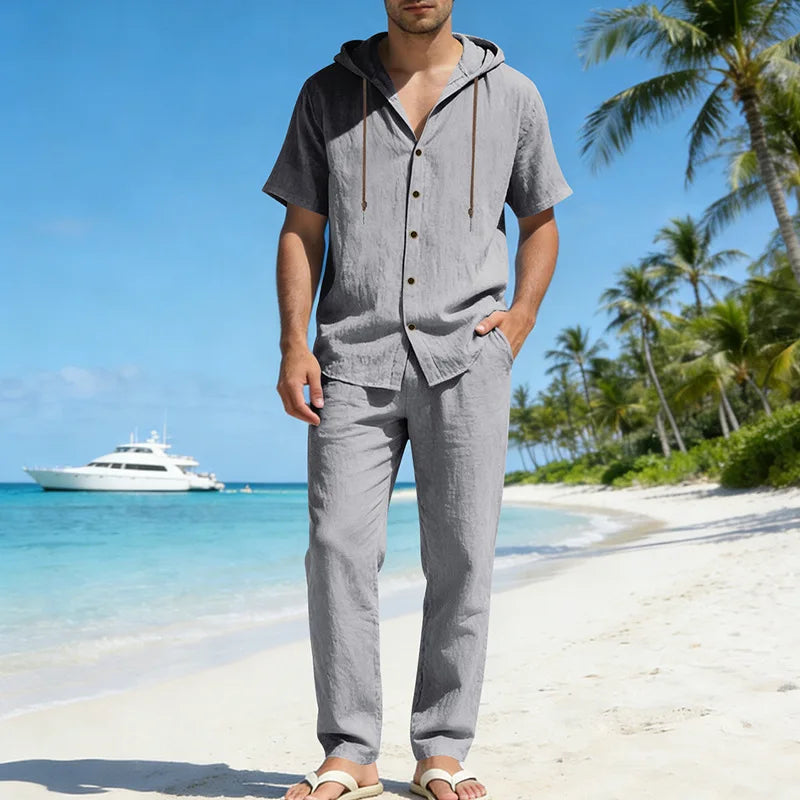 Conjunto Sorrento™ em Linho de Algodão com Camisa de Capuz e Calça Ajustável