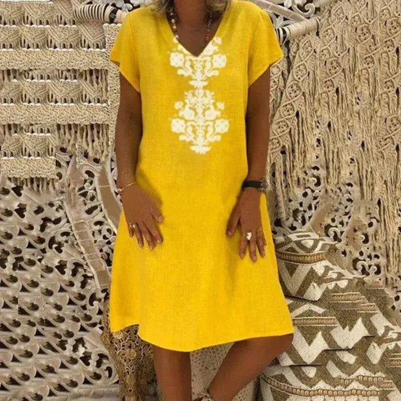 Vestido Midi Saara™ com Design Ornamental em Arabesco, Decote V e Modelagem Solta