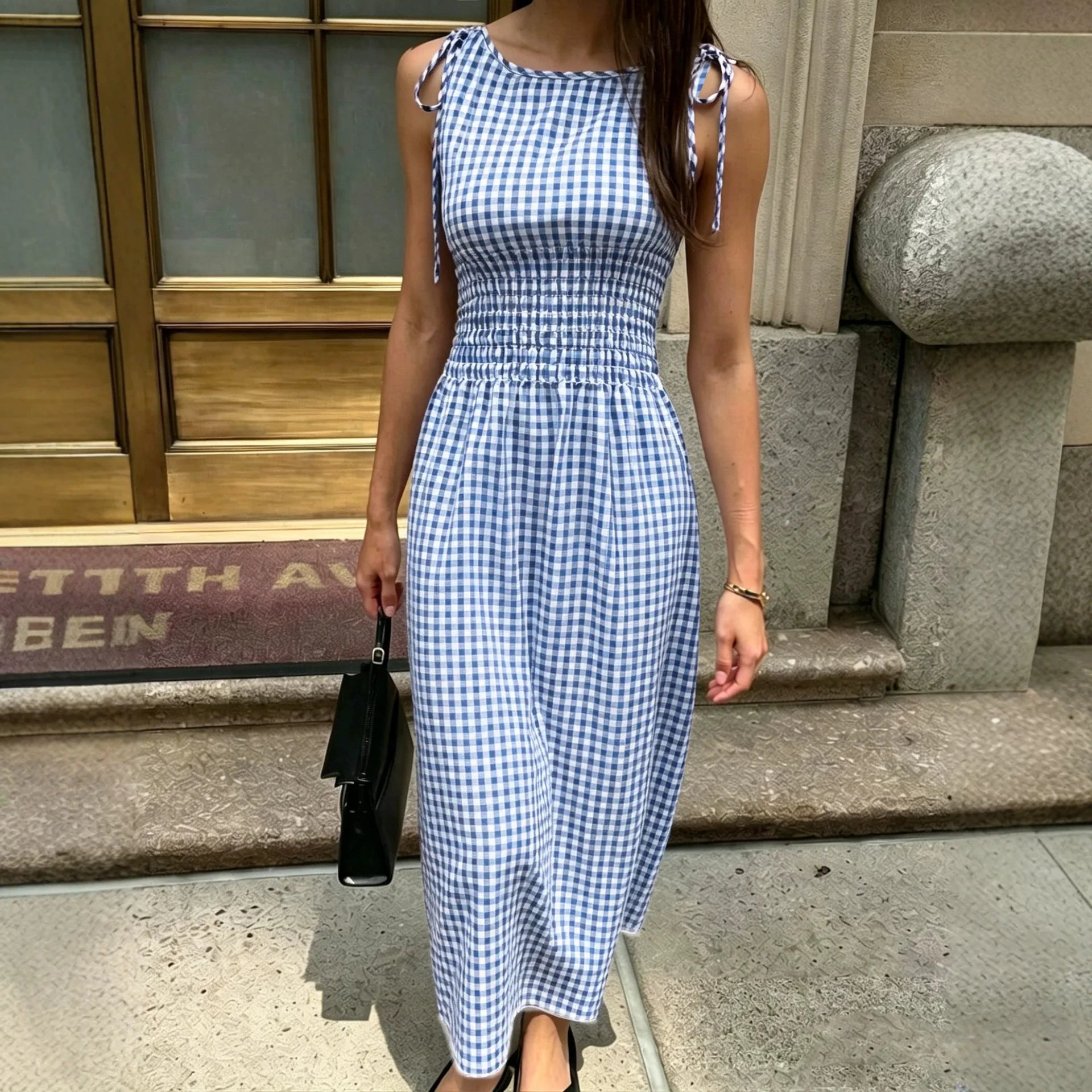 Vestido Marenna™ Com Estampa Vichy e Cintura Marcada / Romantismo Casual Com Toque Europeu