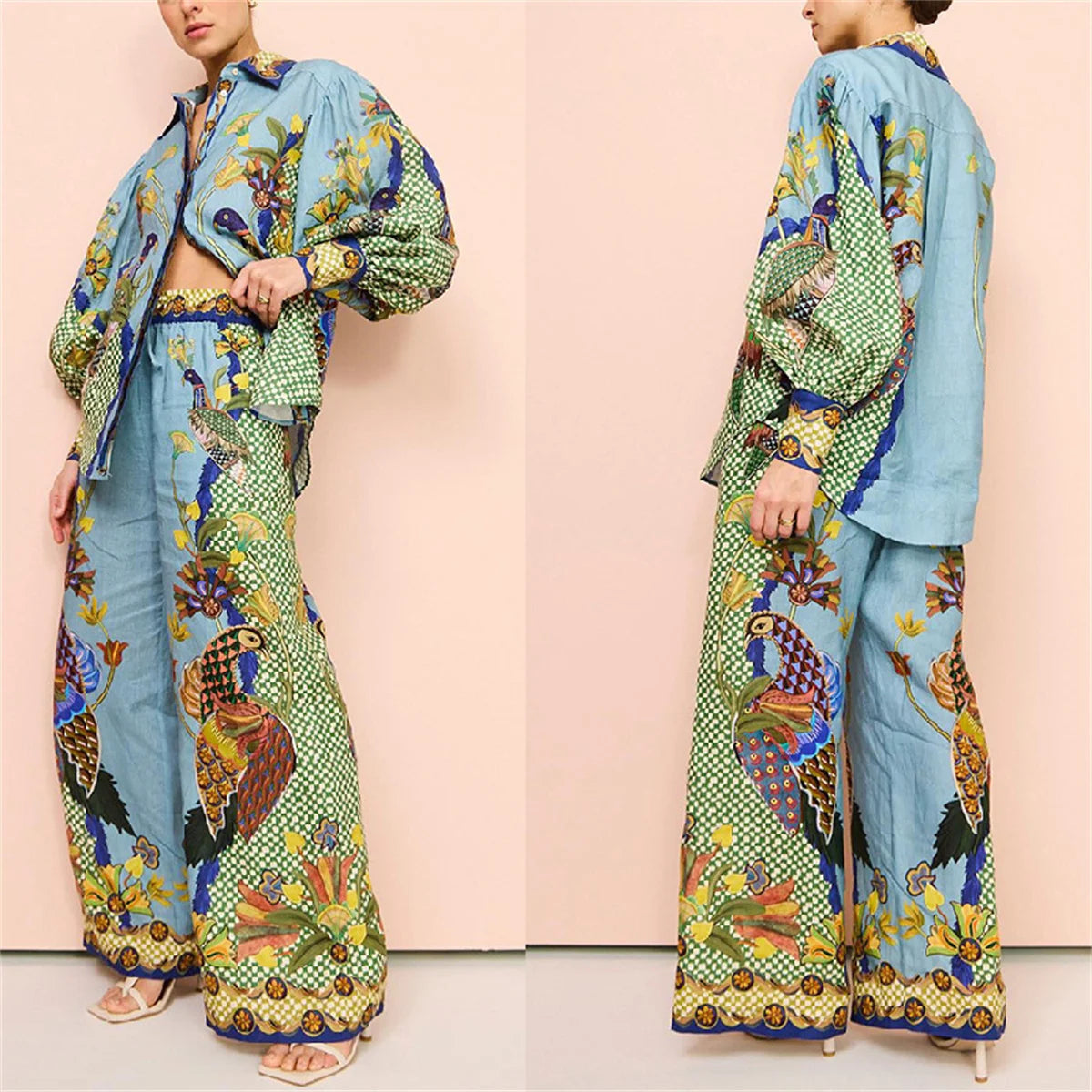 Conjunto PavoLina™ em Popelina de Algodão com Estampa de Pavão / Sofisticação e Arte em Cada Movimento!
