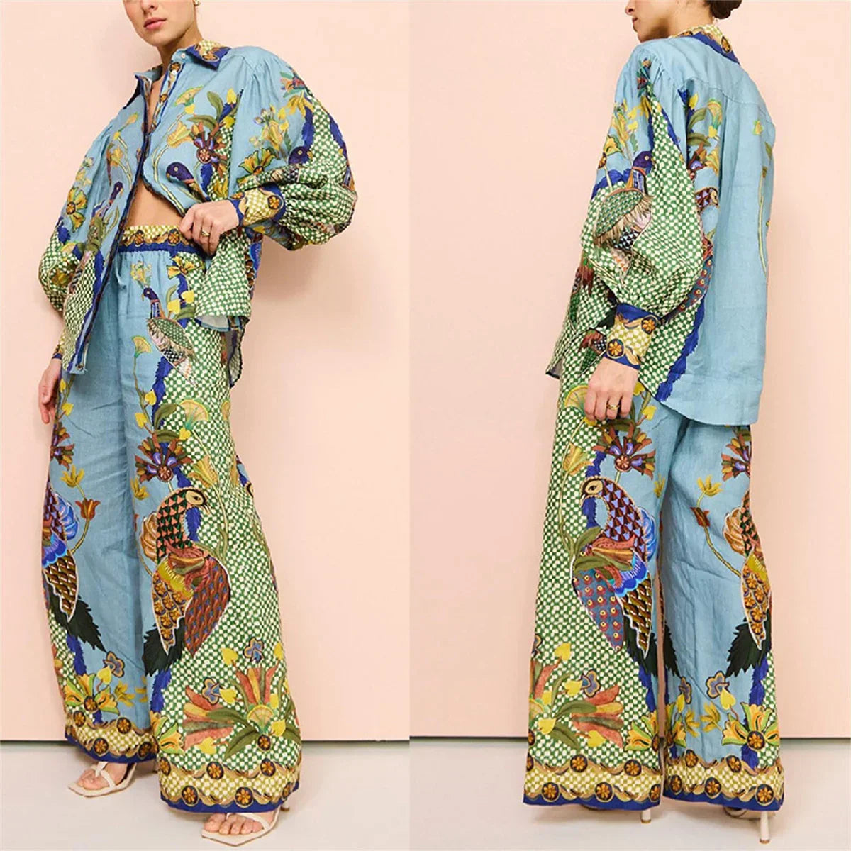 Conjunto PavoLina™ em Popelina de Algodão com Estampa de Pavão / Sofisticação e Arte em Cada Movimento!