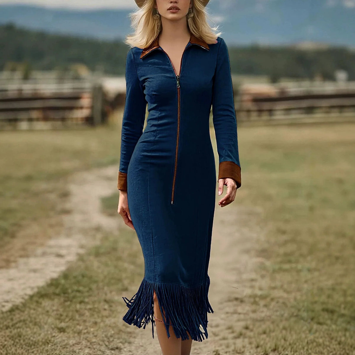 Vestido Modena™ em Acabamento Aveludado com Gola e Mangas Contrastantes, Zíper Frontal e Barra com Franjas