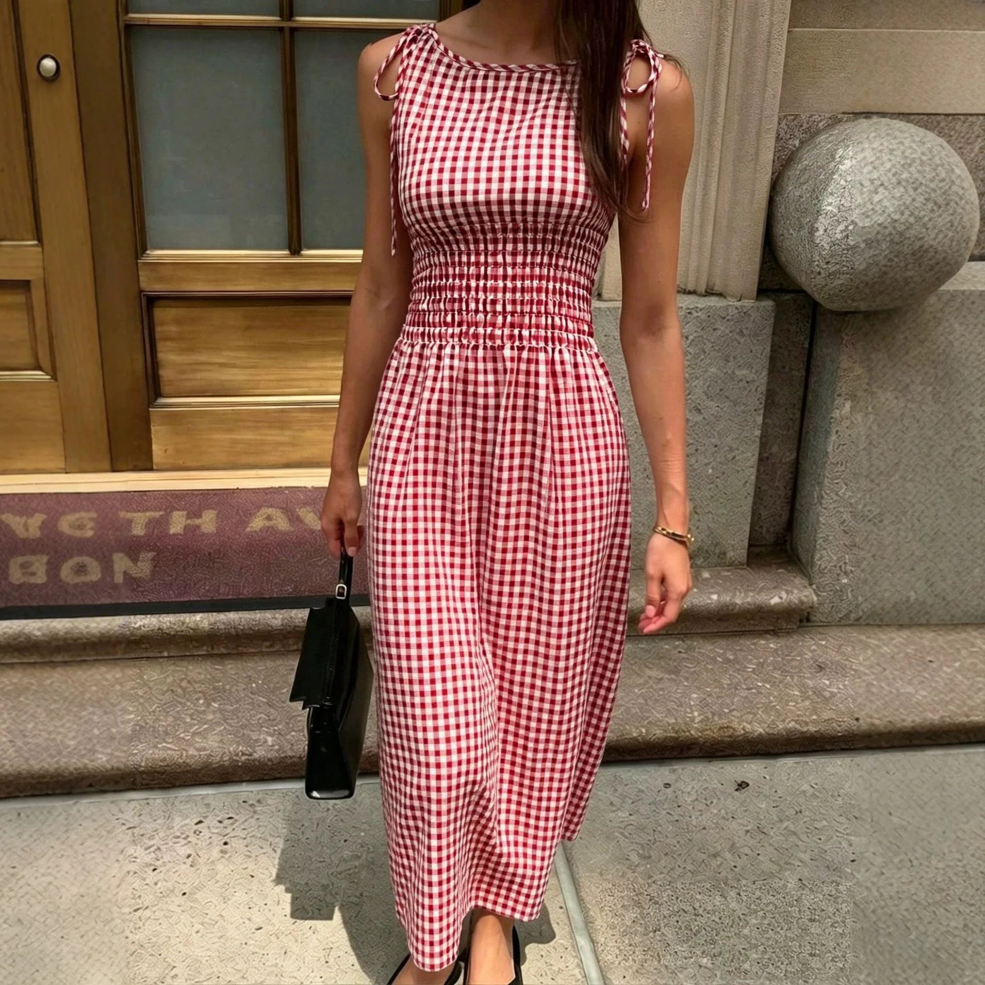 Vestido Marenna™ Com Estampa Vichy e Cintura Marcada / Romantismo Casual Com Toque Europeu
