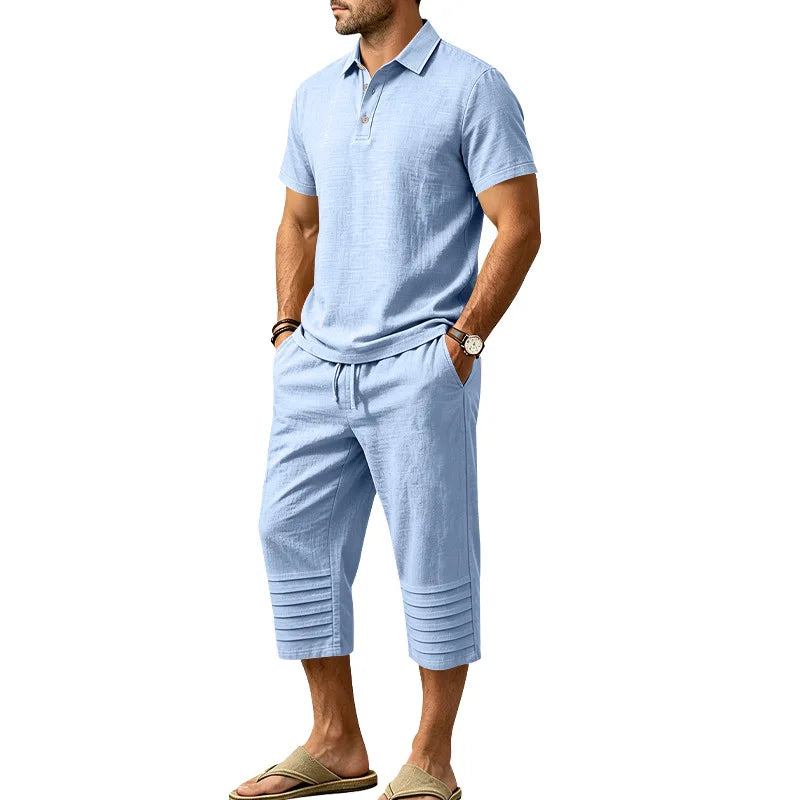 Conjunto Nicolas™ em Linho de Algodão com Camisa Polo de Manga Curta e Bermuda com Cós Elástico e Cordão