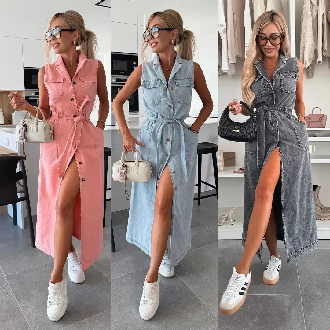 Vestido Freedom Style™ em Jeans com Fenda Elegante e Gola Polo / O Charme Urbano que Te Acompanha Sempre!