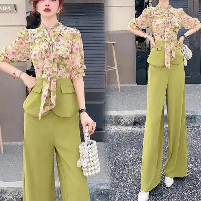 Conjunto Floribella™ em Chiffon com Blusa Floral + Calça Palazzo / O Look Que Deixa Qualquer Mulher Exalando Elegancia e Glamour! - ModernLar