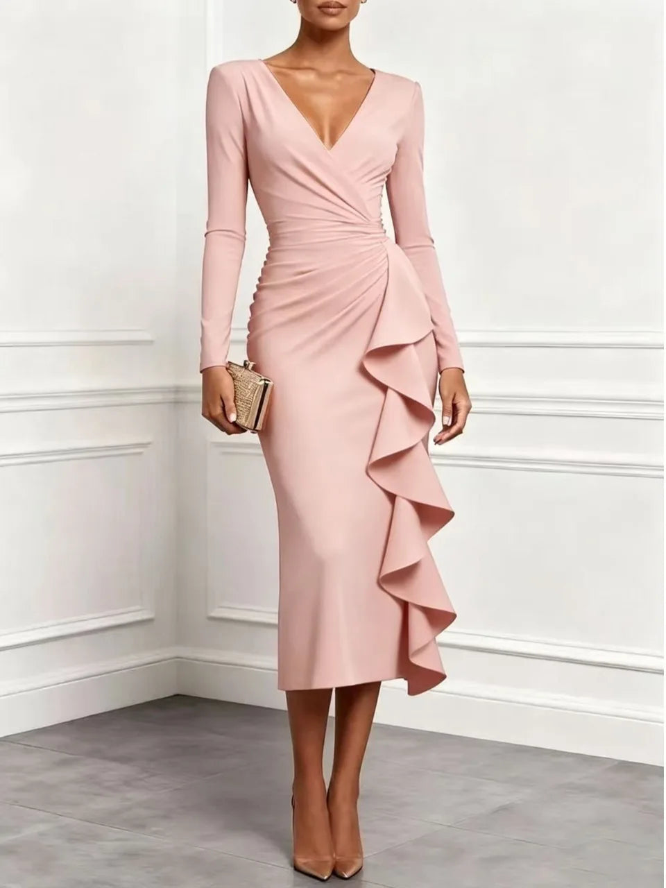 Vestido Midi Gianna™ com Decote V Transpassado, Cintura Drapeada e Babado Cascata