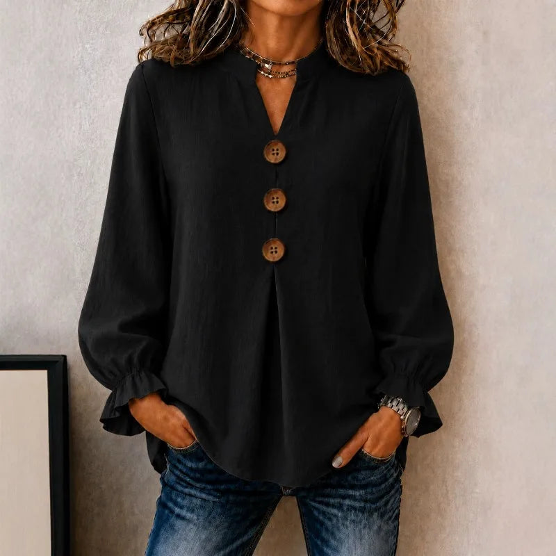 Blusa Kamille™ em Linho de Algodão com Gola Mandarim, Botões Frontais e Punhos com Babados