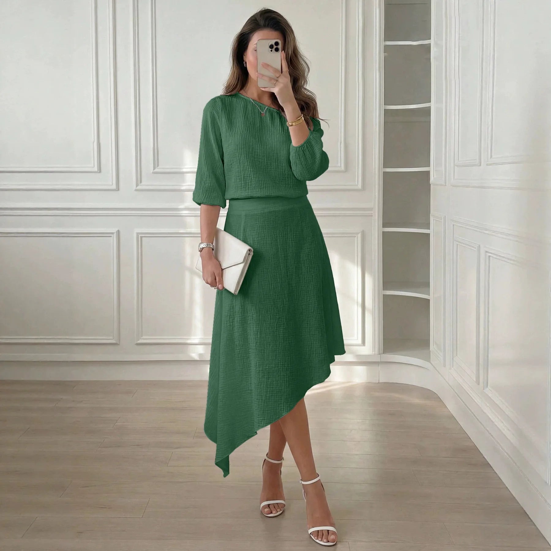 Conjunto Clarisse™ com Tecido Texturizado, Blusa de Ombro Único e Saia de Caimento Fluido