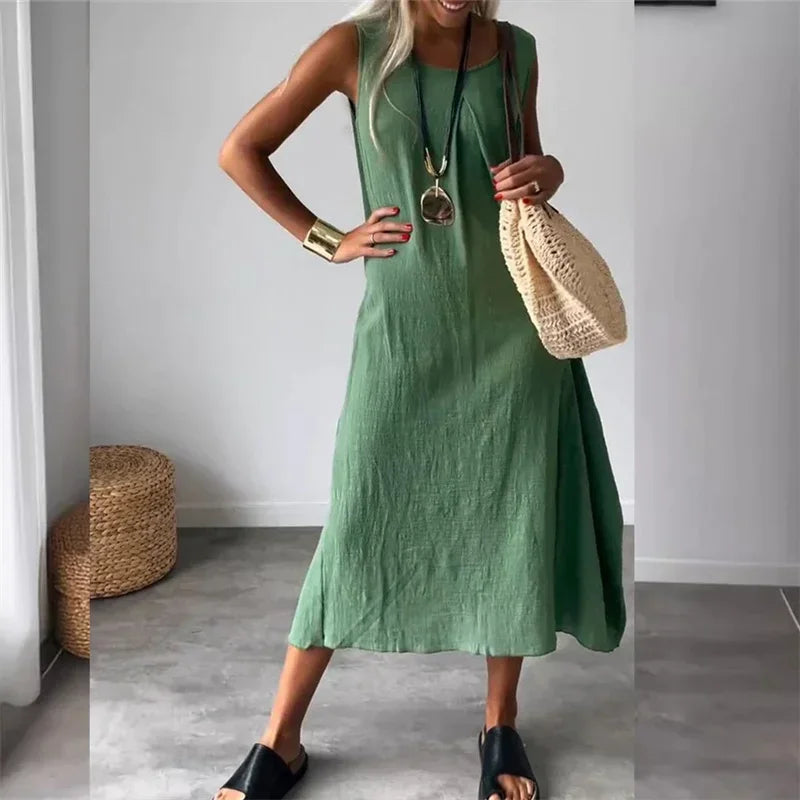 Vestido Malaya™ em Linho de Algodão com Estilo Minimalista / Toque Suave e Caimento Fluido para Máximo Conforto!