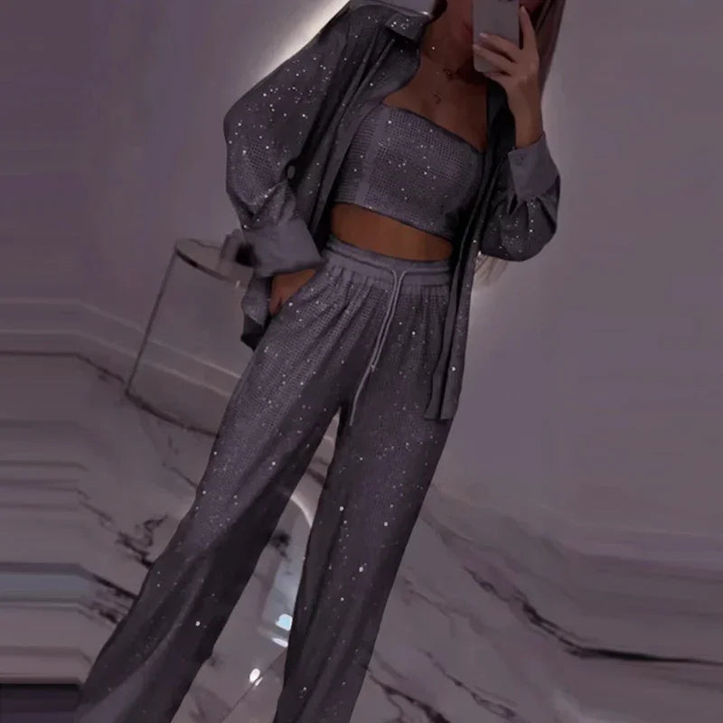 Conjunto Midnight™ com Pantalona, Top e Camisa Brilhante / O Glamour Moderno em Movimento!