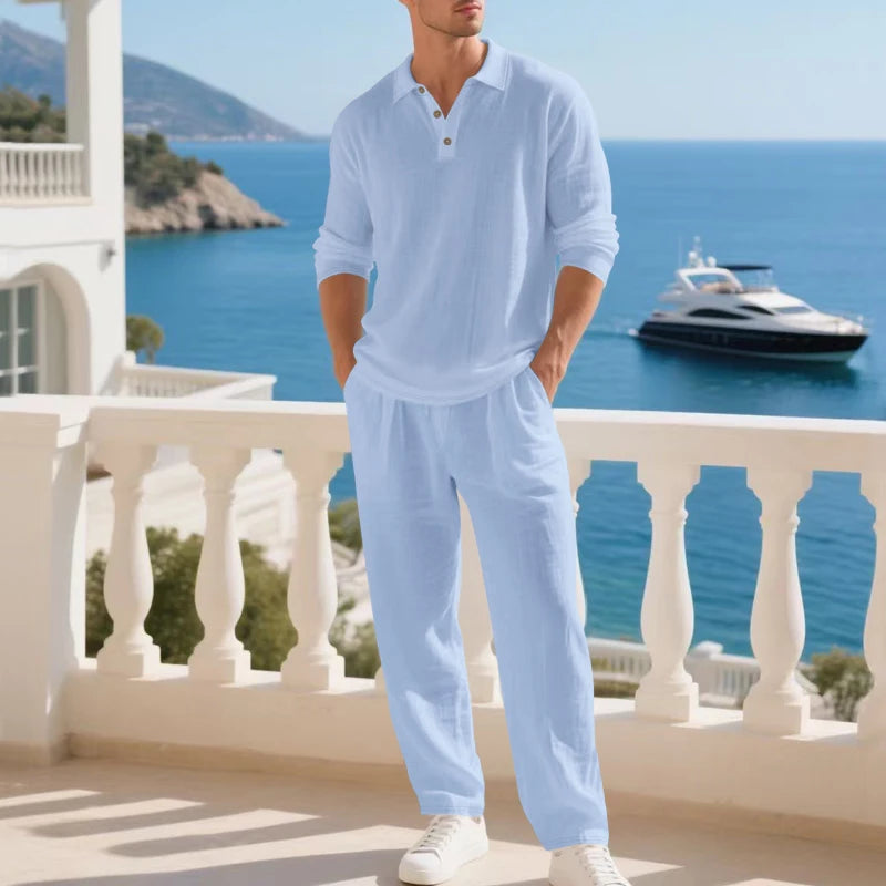 Conjunto Bellaro™ em Linho de Algodão com Polo de Manga Longa / Caimento Alinhado Sem Abrir Mão Da Leveza.