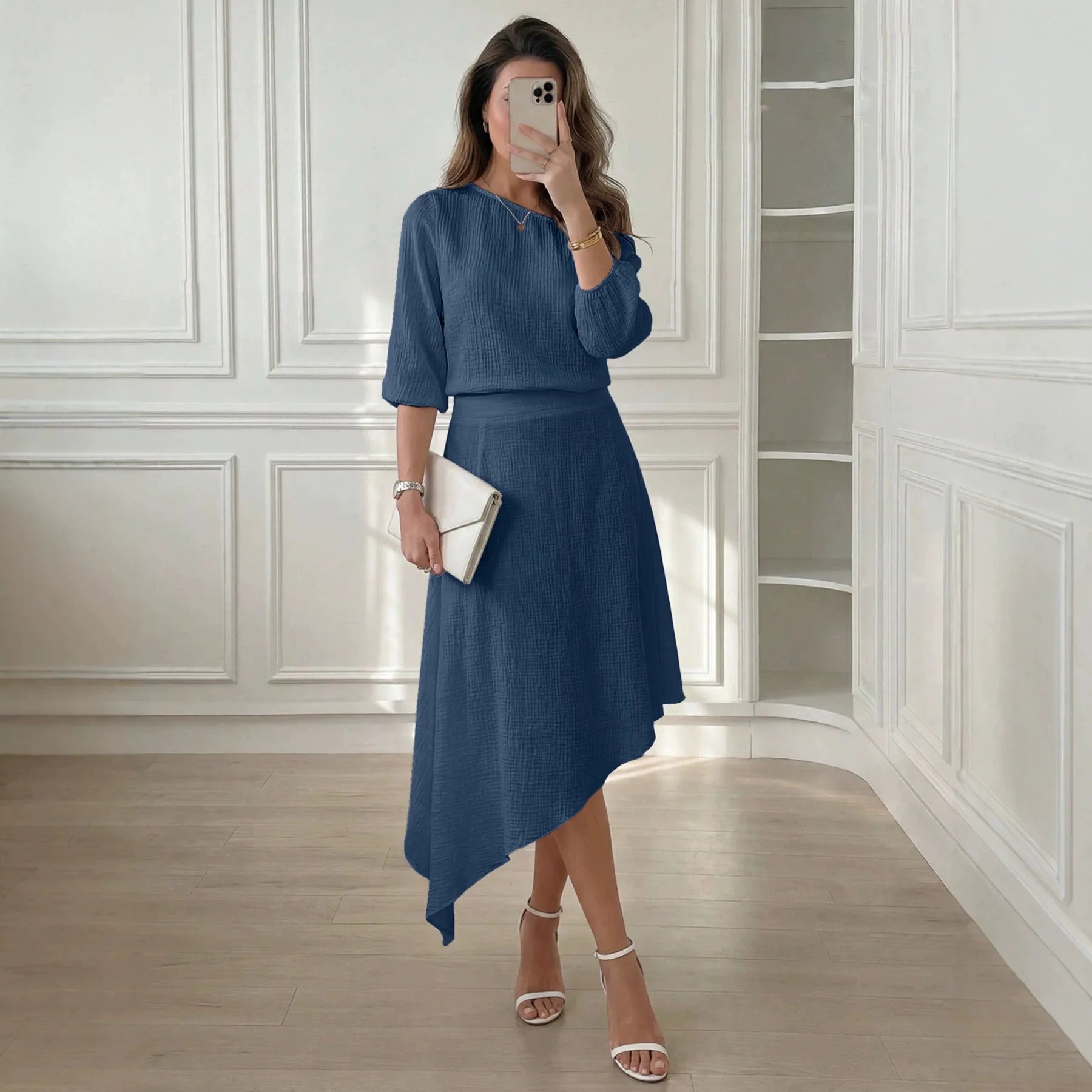 Conjunto Clarisse™ com Tecido Texturizado, Blusa de Ombro Único e Saia de Caimento Fluido
