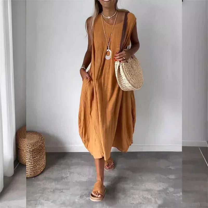 Vestido Malaya™ em Linho de Algodão com Estilo Minimalista / Toque Suave e Caimento Fluido para Máximo Conforto!
