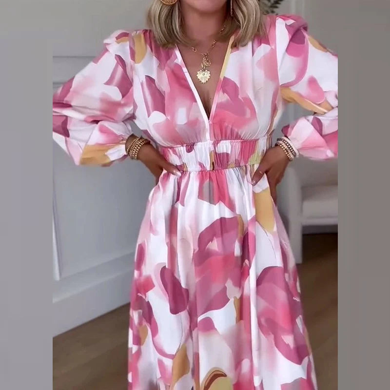 Vestido Fiorenza™ em Viscose Acetinada com Mangas Bufantes / Leveza, Cor e Feminilidade em Cada Movimento!