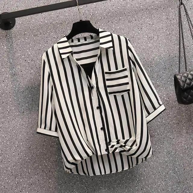 (Promoção Compre 1, Leve 2) Kit de Camisas Mirella: Listras Delicadas & Elegância em Dose Dupla! - ModernLar