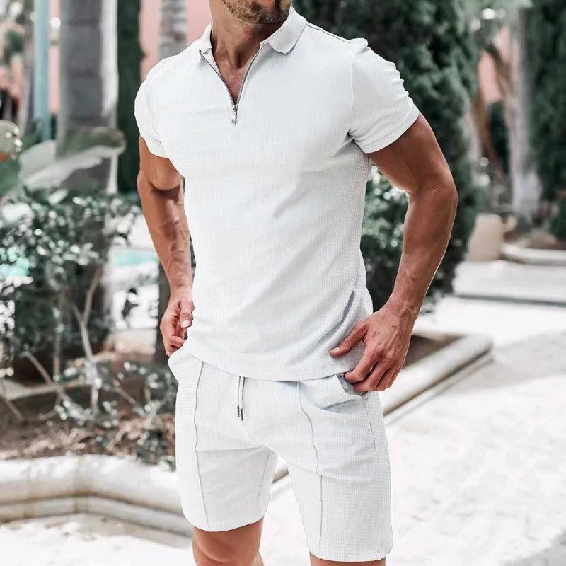 Conjunto Pietro™ em Malha Texturizada Premium com Camisa Gola Polo de Zíper