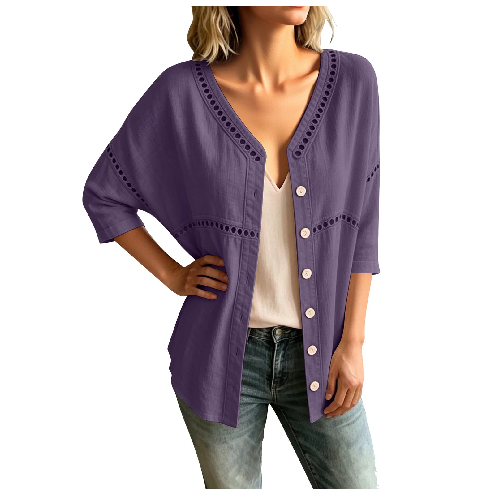 Cardigan Marelia™ Em Linho De Algodão Com Detalhes Vazados E Decote Em V / Sofisticação Exclusiva Inspirada No Mediterrâneo