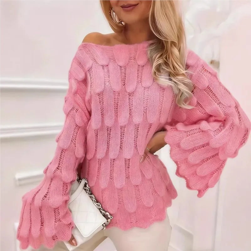 Suéter Aurora™ em Tricô Vazado com Detalhes Inspirados em Penas e Mangas Amplas