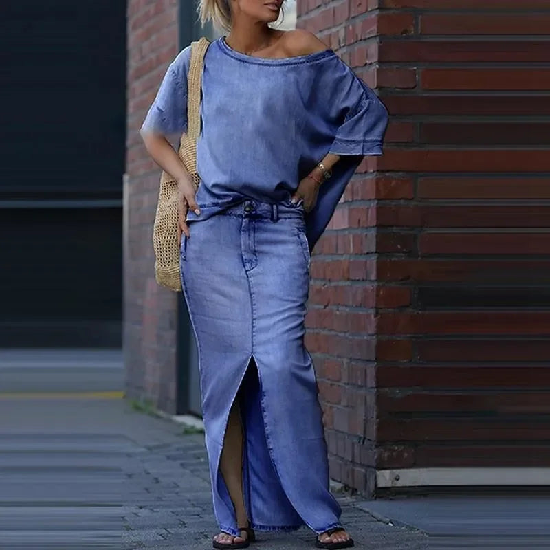 Conjunto Capri Bleu™ com Blusa Assimétrica e Saia em Jeans Leve