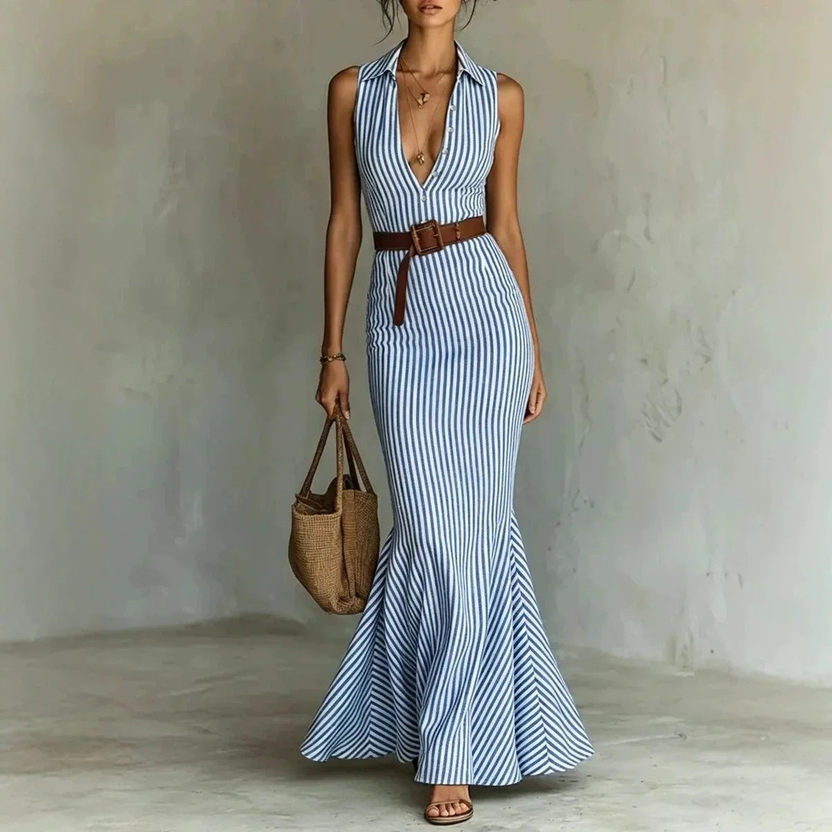 Vestido Seravina™ com Listras Verticais Charmosas e Cinto de Brinde / Presença Feminina Que Marca O Visual