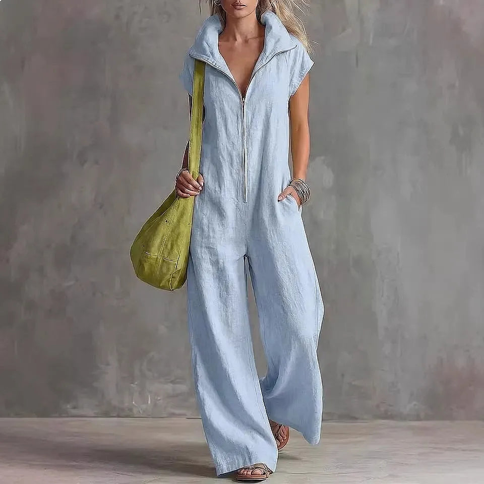 Macacão Orlina™ em Linho de Algodão com Zíper Frontal e Gola Alta