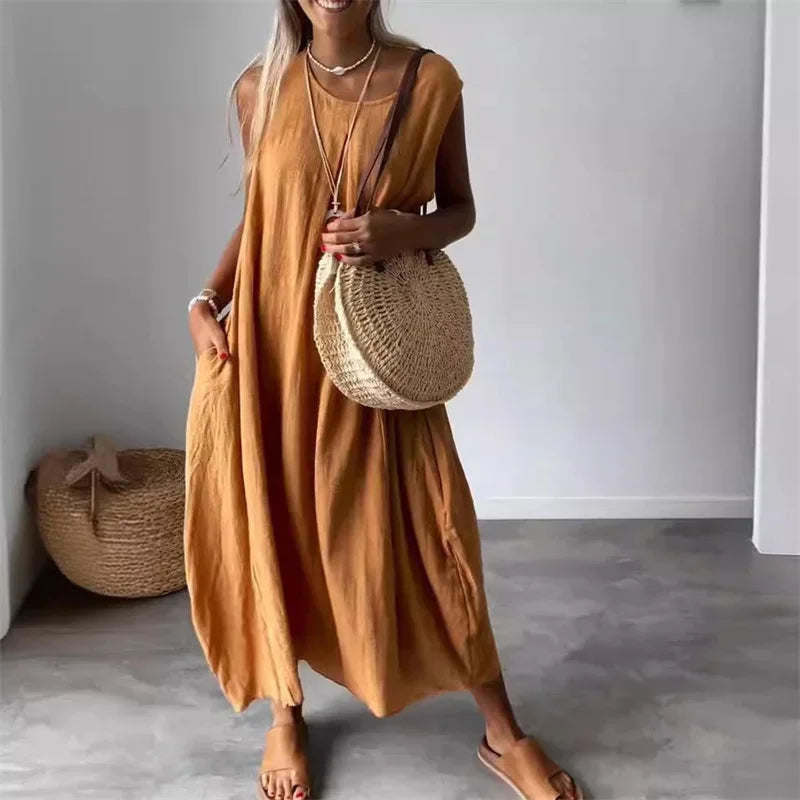 Vestido Malaya™ em Linho de Algodão com Estilo Minimalista / Toque Suave e Caimento Fluido para Máximo Conforto!