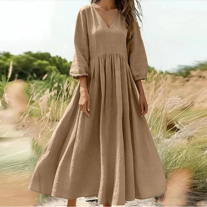 Vestido Arietta™ em Linho de Algodão com Cintura Alta Franzida e Mangas Bufantes