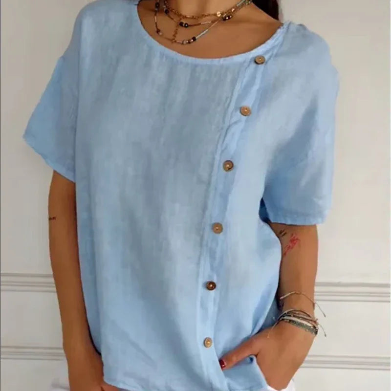Blusa Amora™ em Algodão Leve com Botões Laterais / Toque Natural, Caimento Solto e Estilo Sem Esforço!