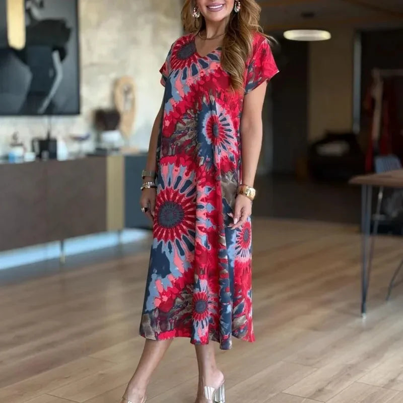 Vestido SunDance™ em Viscose Premium com Estampa Artística e Caimento Solto / Movimento, Cor e Feminilidade Sem Esforço!