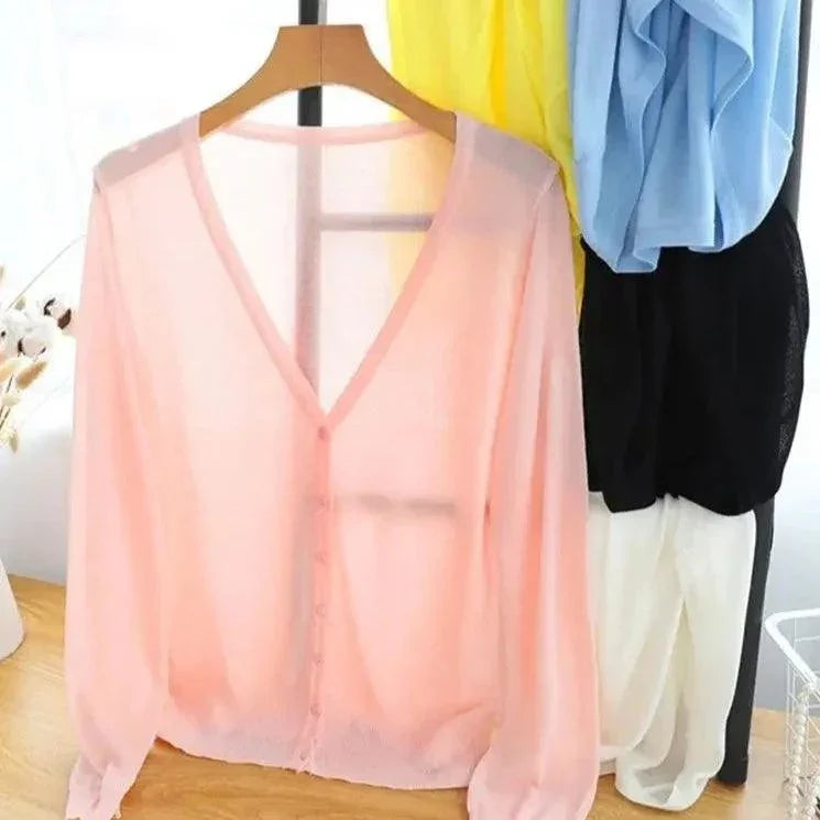 Blusinha Estilo Cardigan AmeliaSunset™ - Moda Verāo Outono com Frescor e Proteção UV - ModernLar