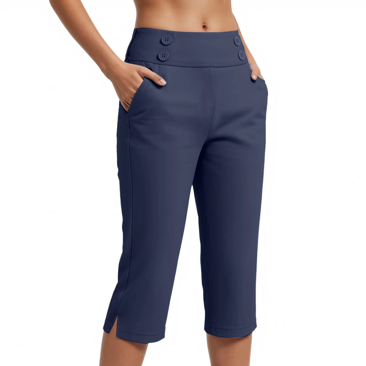 Calça Capri Simone™ com Botões Decorativos no Cós, Cintura Alta e Bolsos Laterais