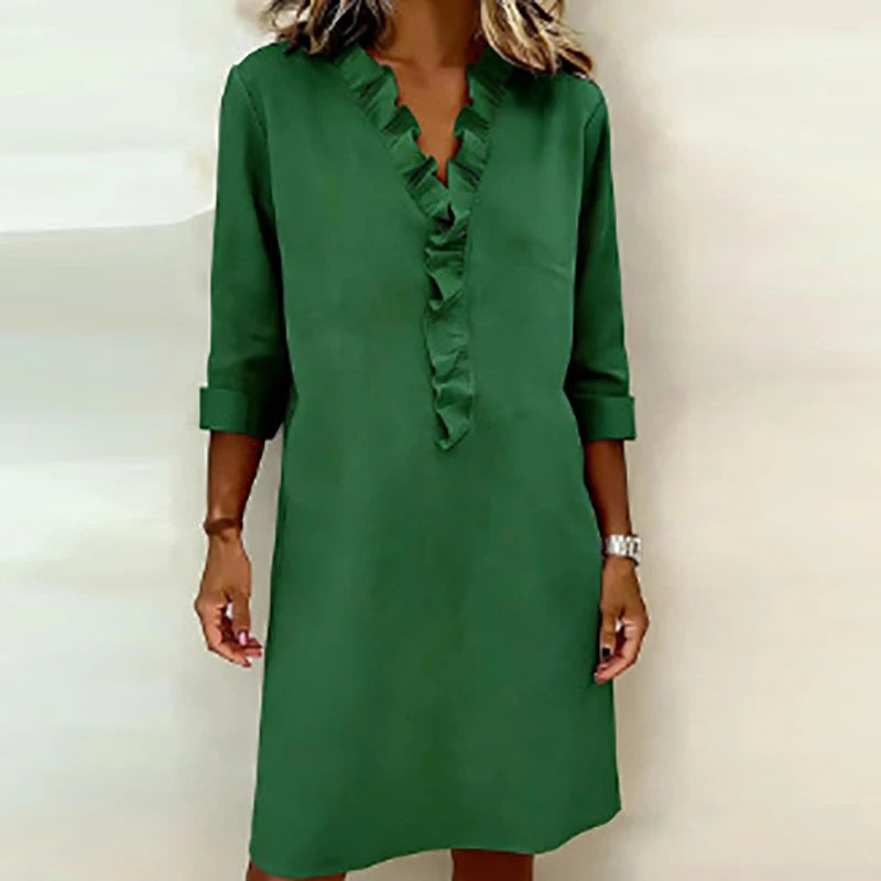 Vestido Calyra™ com Babados no Decote e Caimento Elegante