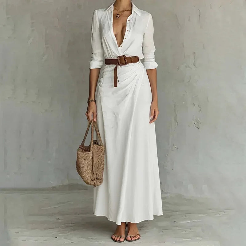 Vestido Marenza™ com Gola de Camisa, Cinto Incluso e Comprimento Longo