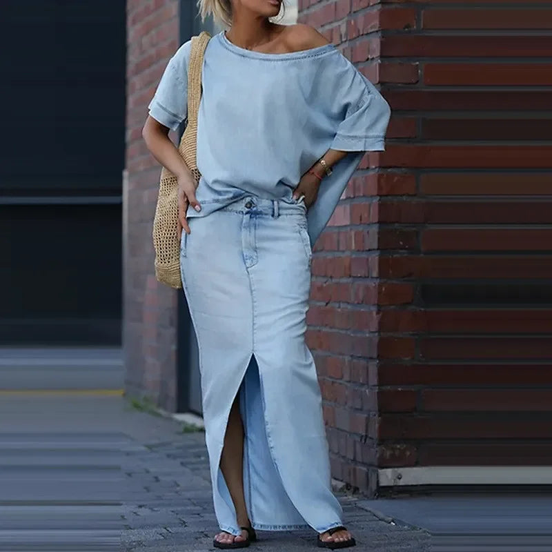 Conjunto Capri Bleu™ com Blusa Assimétrica e Saia em Jeans Leve