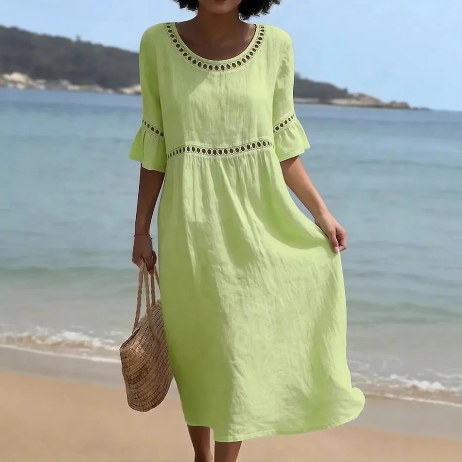 Vestido Mireza™ em Linho de Algodão com Detalhes Vazados e Mangas com Babado
