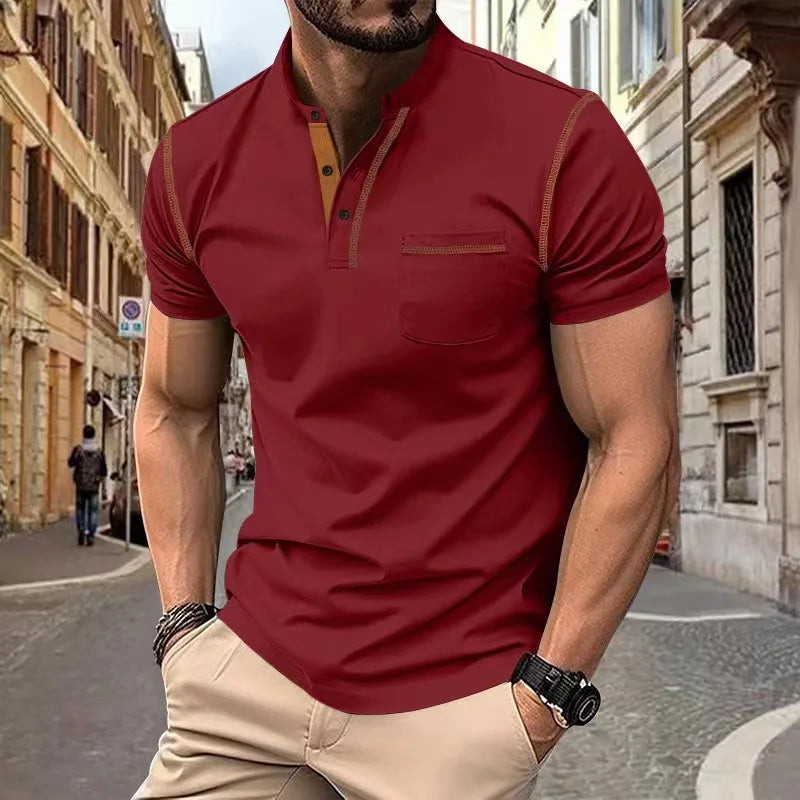 Camiseta Casual Torvani™ com Gola Padre e Acabamento Contrastante / Fácil de Combinar do Jeans à Alfaiataria
