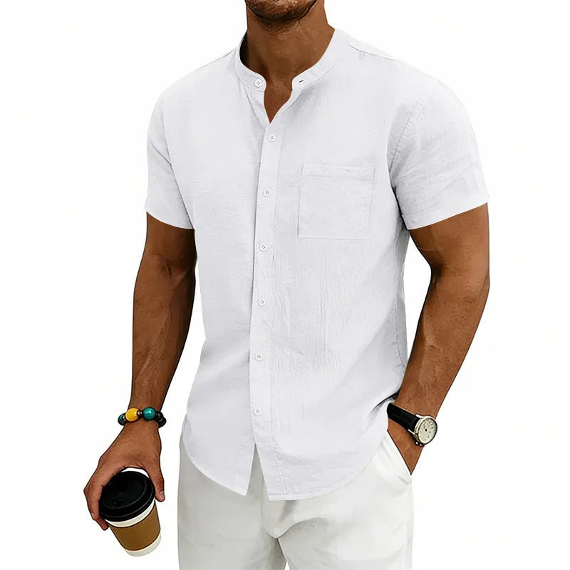 Camisa Montese™ Em Linho de Algodão Com Gola Mandarim