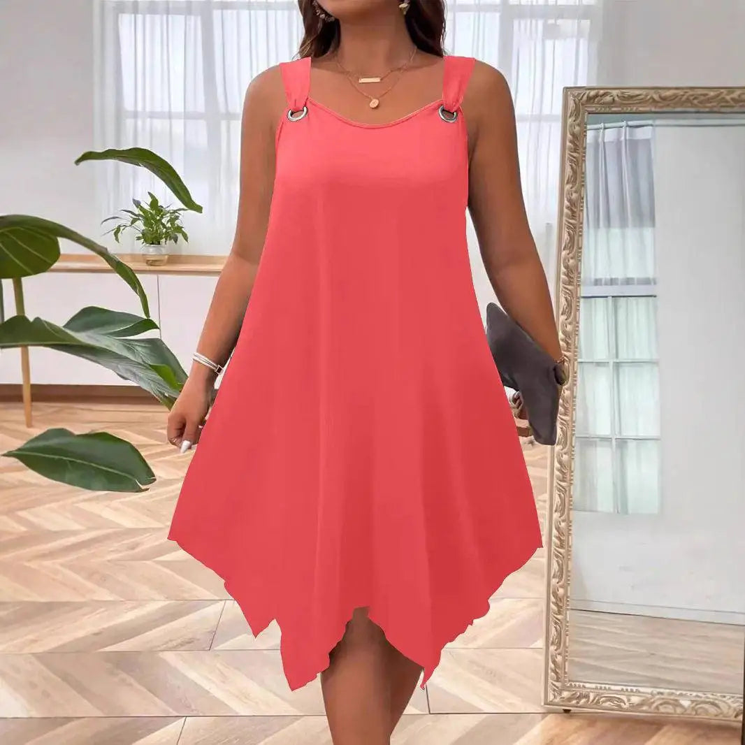 Vestido Soraya™ com Barra Assimétrica e Alças com Argolas Metálicas / Uma Escolha Versátil Para Passeios E Dias Casuais