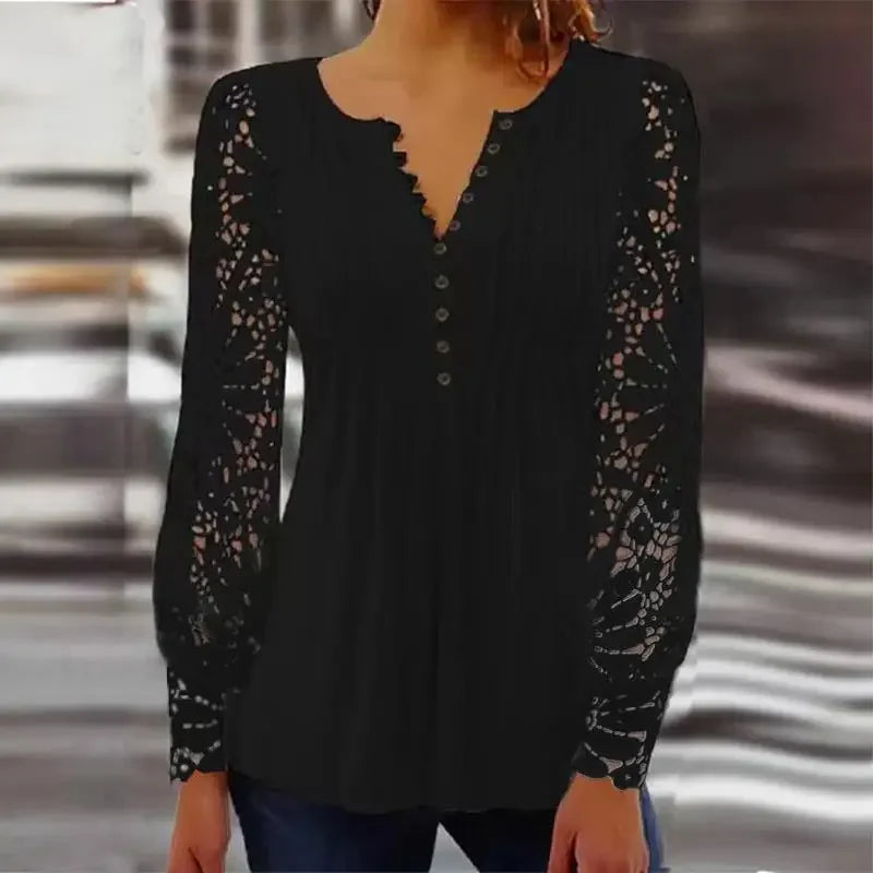 Blusa Verenice™ com Mangas em Renda Floral Transparente e Pregas Charmosas no Busto / O Romantismo da Renda em Uma Peça Cheia de Sofisticação