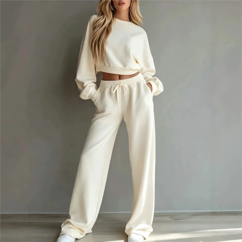 Conjunto Girona™ com Blusa Cropped de Manga Longa e Calça de Modelagem Ampla com Cordão