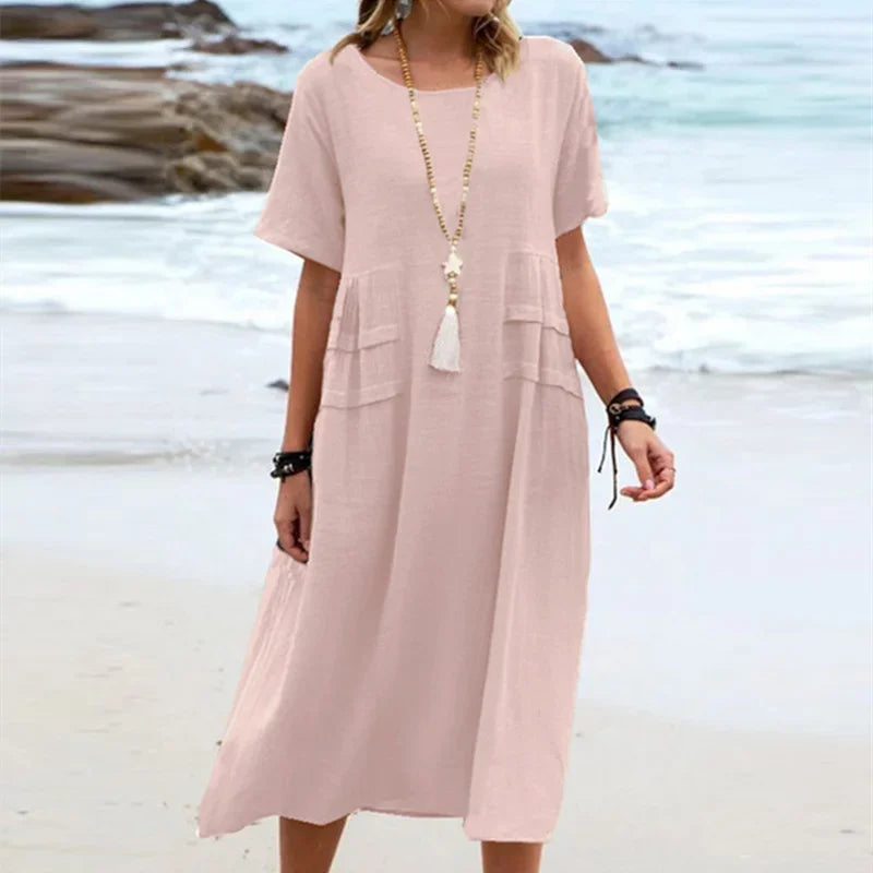 Vestido Alessia™ em Linho de Algodão com Detalhes em Camadas nas Laterais / Elegância Casual Para Diferentes Ocasiões