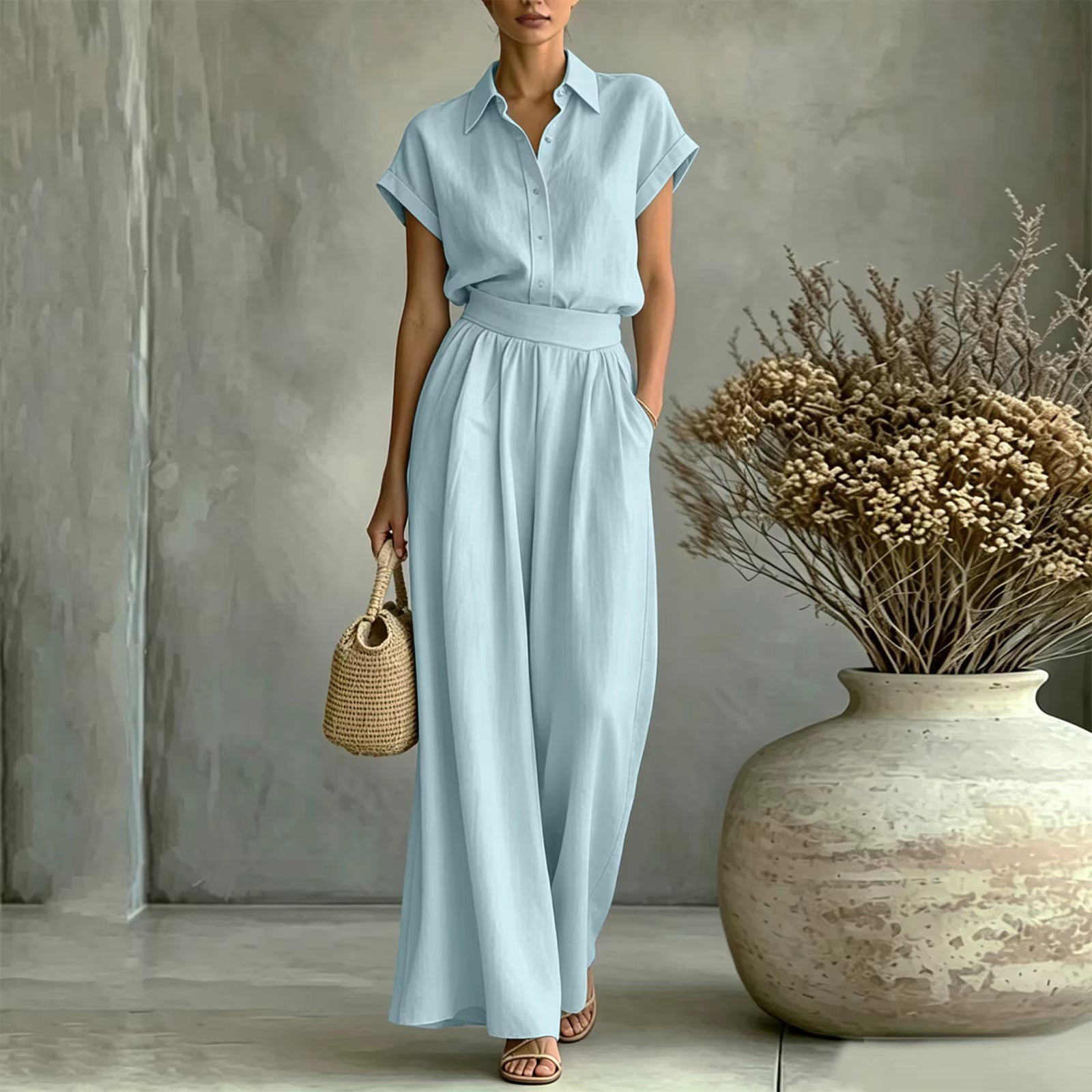 Conjunto Viona™ com Camisa de Gola Clássica e Calça de Cintura Alta / Cintura Valorizada com Leveza e Elegância